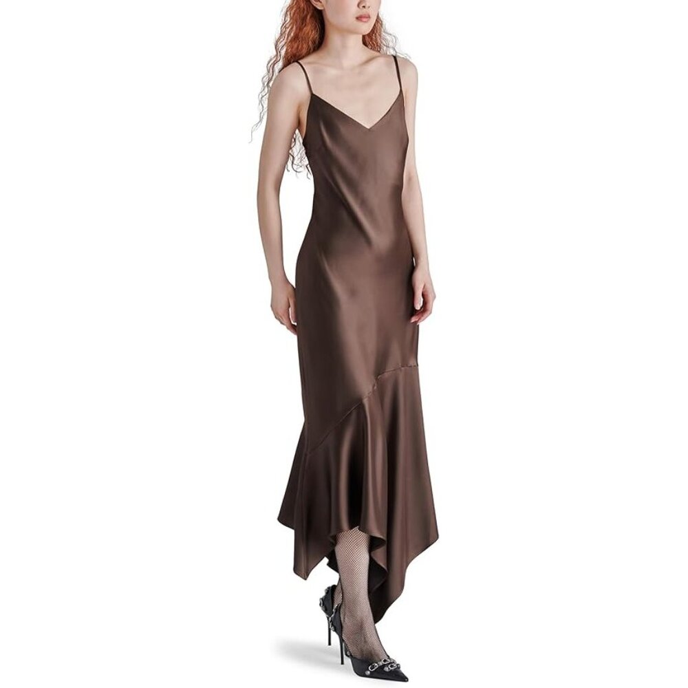 Steve Madden Brown Satin Asymmetric Slip Midi Dress - Picture 13 of 14